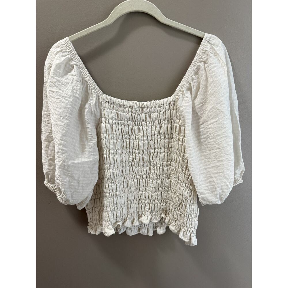 Old Navy L Cream Puffed Sleeve Smocked Babydoll Top Ruffle hem Cottagecore